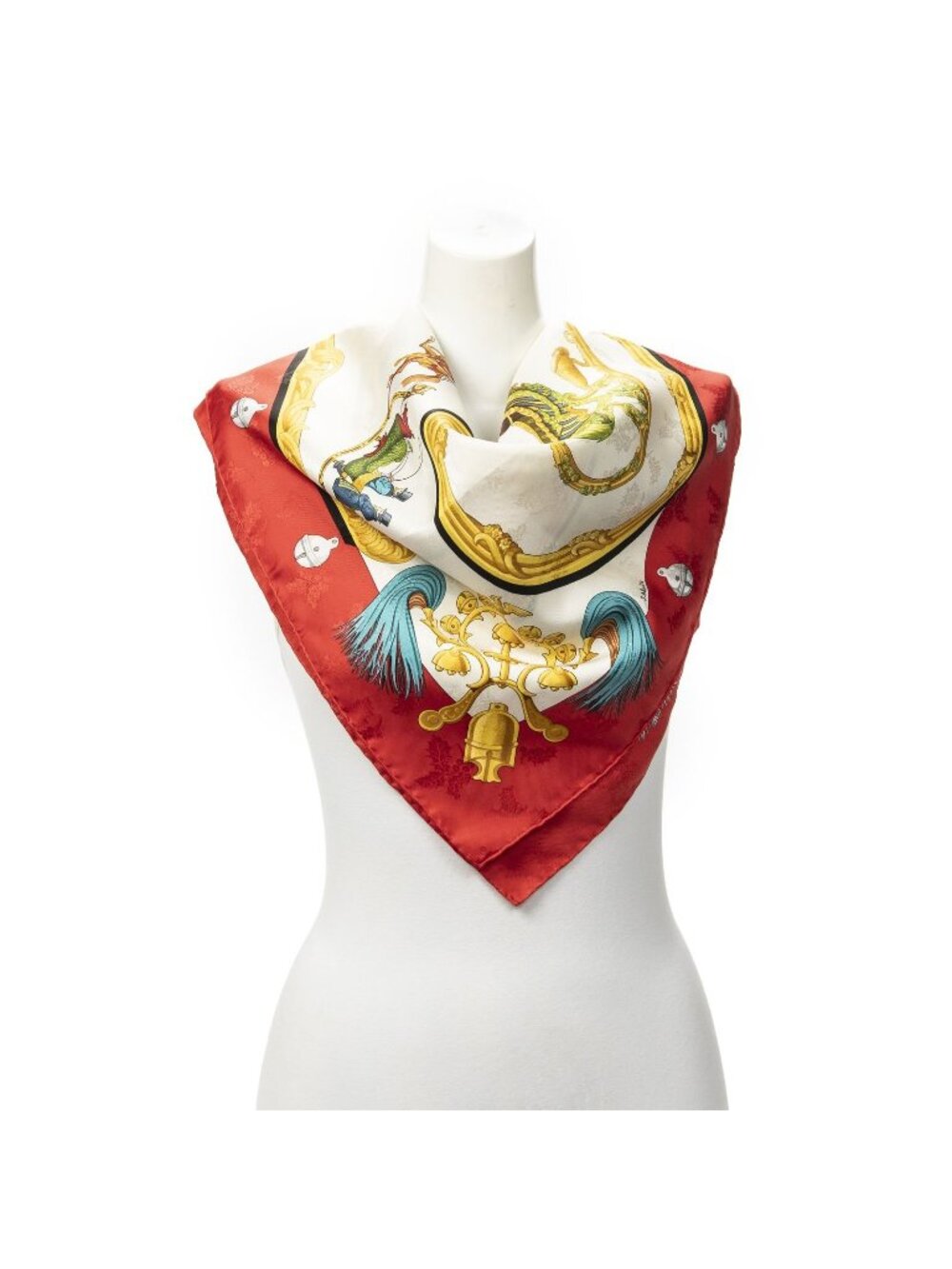 Hermes Scarf Red Beige Goldjacquard Silk